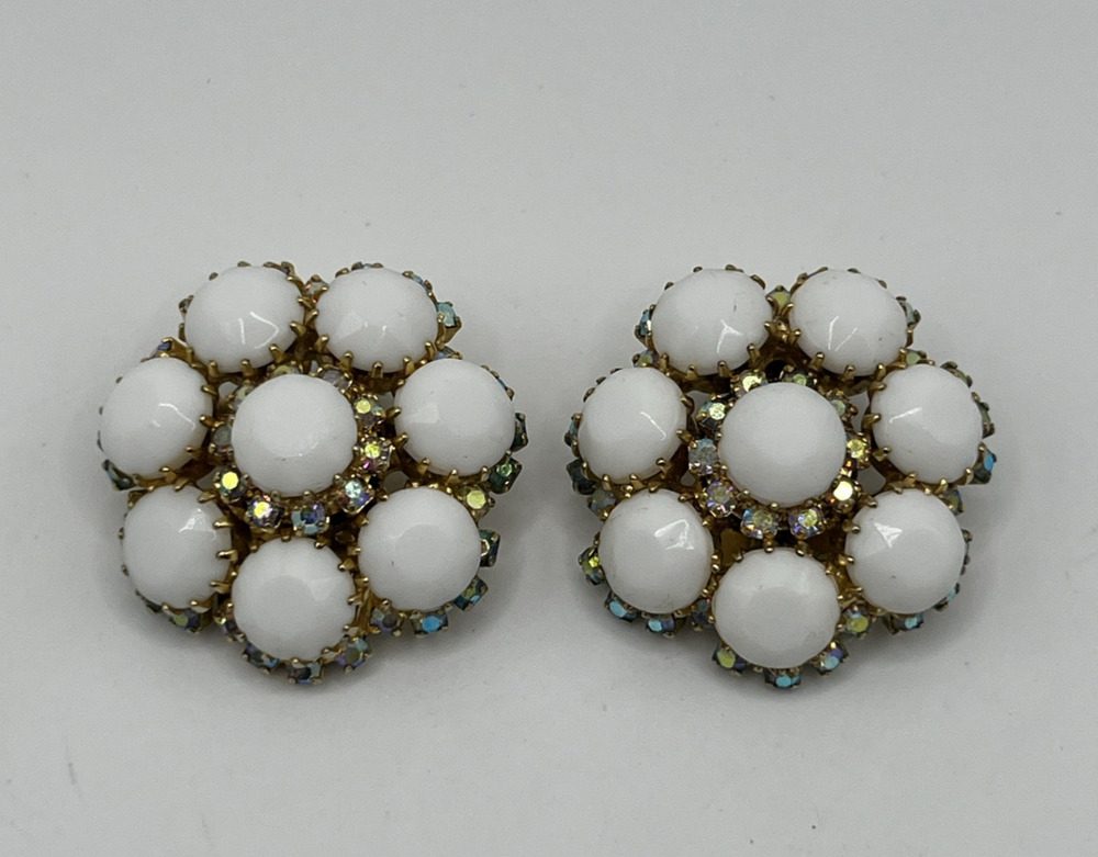 Kramer Round Cluster Bead & AB Rhinestone Clip On Earrings Gold Tone Statement